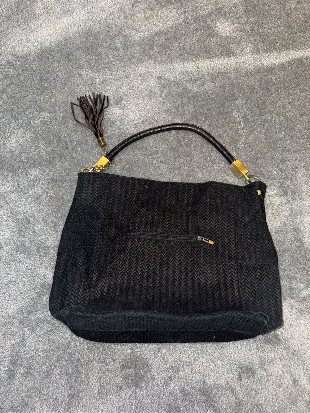 Heavy Woven Black Shoulder Bag with Tassel Accent